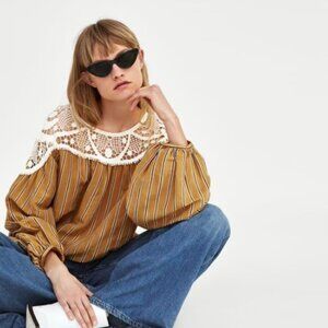 Zara Bohemian 100% Cotton Long Sleeve Top Size XS